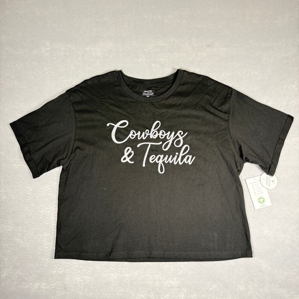 NWT Organic Collective Cowboys & Tequila cropped t shirt 100% organic cotton XL
